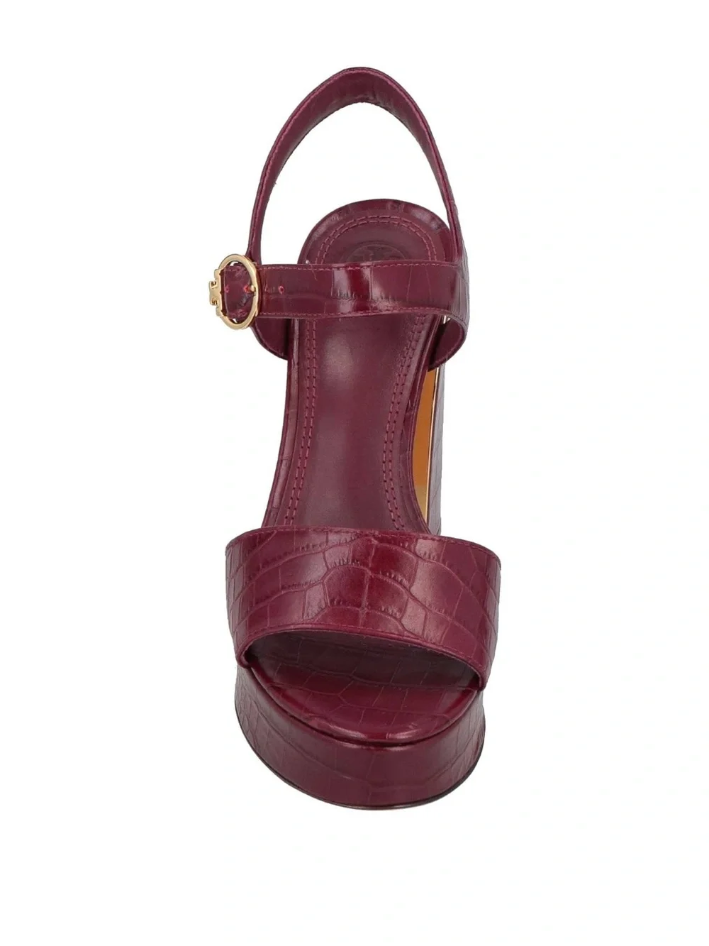 Tory Burch Burgundy Croc-Embossed Platform Sandal with Gold Buckle